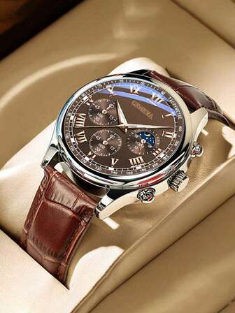 Fashion Men's Business Fashion Quartz Wrist Watch, Casual Leather Strap Sports Watch