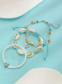 3 pièces/Set Bracelets thème océanique, comprenant des bracelets perles coquille/étoile de mer/tortue/conque, style plage d'été, bracelet en cordon fait main pour femmes