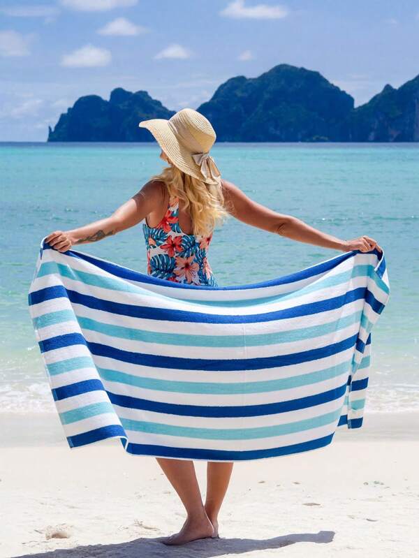 1pc-Quick-Dry Cabo Beach Towel - Oversized 100% Polyester Pool Towel, Lightweight & Ultra Absorbent, Striped Resort-Style Bath Sheet For Swim & Travel Summer Holiday Bathroom Decor Beach Essentials