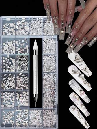 New 21 Grids/Set Diamond Jewelry Set For Nail Art Decorations Nail Ab Flat Bottom Drill Nail Art Luxe Nail Shaped Diamond Color DIY