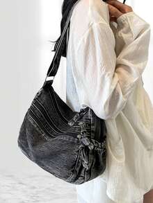 Women's Large Capacity Denim Tote Bag Fashionable Casual Shoulder Purse With Multi-Pockets - 黑色 - 查看 4