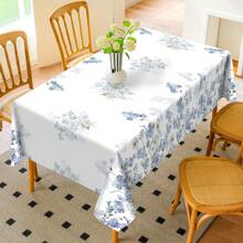 1pc Watercolor Floral Pattern Polyester Tablecloth, Spring/Summer Blue Green White Flower & Leaf Festive Tablecloth, Washable Seasonal Tablecloth, Home Kitchen Dining Party Picnic Decor, Gift