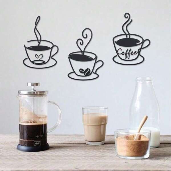 CIF BUY Set di 3 tazze da caffè con logo a cuore e decorazione da parete in metallo minimalista - arredamento moderno per camera da letto, soggiorno o bagno. Decorazione da parete impermeabile, antiruggine e durevole, perfetta come regalo di compleanno. Caratteristiche: finitura resistente allo sbiadimento con tecnologia di verniciatura antica di un secolo, materiali di qualità e facile installazione.