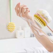 1PC Pink/Green Dual-Sided Long Handle Bath Brush & Exfoliating Sponge Scrubber - 2-In-1 Multi-Purpose Back Scrubber For Body Peeling, Shower Cleaning, Soft Bristles Bath Brush With Storage Bag, Organizer, Hair Clips, Non-Slip Grip (Bath & Shower Set)