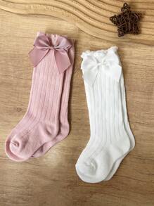 2 Pairs Kids Ribbed Bow Decor Over-The-Knee Socks, Suitable For Everyday Wear