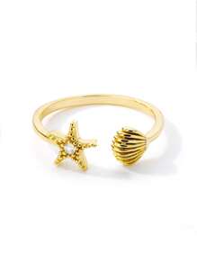 Gold Shell Ring Beach Themed Adjustable Rings; Ocean Inspired Jewelry; Starfish & Seashell Rings; Boho Summer Gift For Women