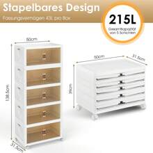 OYAJIA 4/5 Schichten Klappbar Kleiderschrank Montieren Lager Regal Organizer mit Rollen, 172L/215L Boxen Aufbewahrung, Stapelboxen Kunststoff, 50x31,5x112.5cm/50x31,5x138.5cm, Weiß