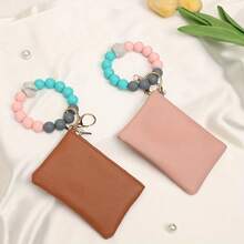 1PC Women's Bracelet Purse, Handmade DIY Combination Silicone Bead Anti-Release String, Pu Solid Color Soft Lychee Grain Purse Card Storage Simple Bag For Women Wallet Mini Wallet Purse Wallet Wristlet Wallet Coin Wallet