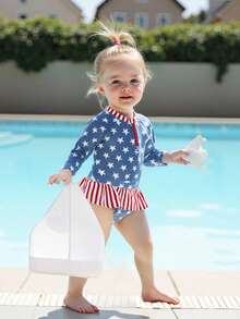 Toddler Girl Rash Guard Swimsuit Star Print Long Sleeve Zip Tops With Ruffled Shorts 2 Pcs Bathing Suit - Blue - View 3