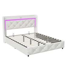 Cama tapizada de 140 x 200 cm/160 x 200 cm, con función de carga y ambiente de mesita de noche, con almacenamiento de palanca de aire, con cabecero, cabecero con diseño de tirador de cristal, blanco, muebles, estructura de cama con cabecero, muebles de dormitorio, sin colchón