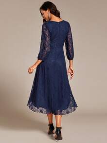EVERPRETTY Vestido de dama de honor formal de azul marino con escote en V de encaje y midi transparente para bodas - Azul Marino - Ver 2
