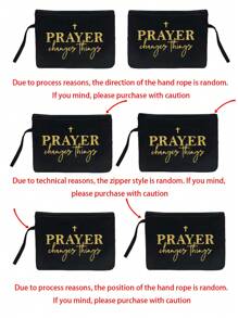 Bolso de lino negro con estampado de letra inspiradora, bolsa de maquillaje a juego, bolsa de compras portátil y bolsa de almacenamiento plegable ligera, talla grande una pequeña bolsa de cosméticos de lino que puede usarse como monedero