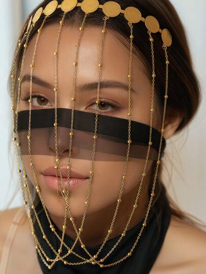 Herseygold 1pc Gold-Plated Tasseled Kurd-Style Women Hair Clip, Women's Headdress, Arabic Coin Totem Hair Accessories, Wedding Festival Ornaments