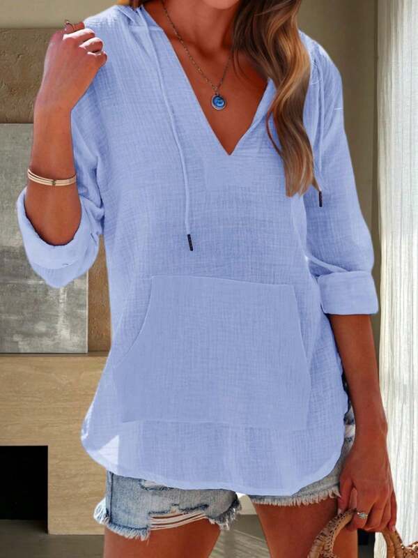 Women's Beach Cover Up Hoodies Sweatshirt Long Sleeve V Neck Pocketed Hooded Shirt Top