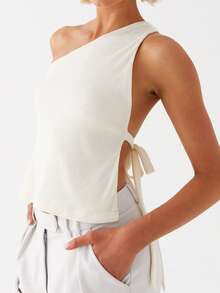 Off One Shoulder Tank Tops For Women Solid Stylish Side Tie Design Summer T-Shirt - 象牙白 - 查看 2