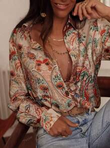 Elegant Polyester Paisley Print Blouse For Women With Lapel Collar And Button Detail - 100% Woven Polyester Fabric, All-Season Long Sleeve Shirt Top