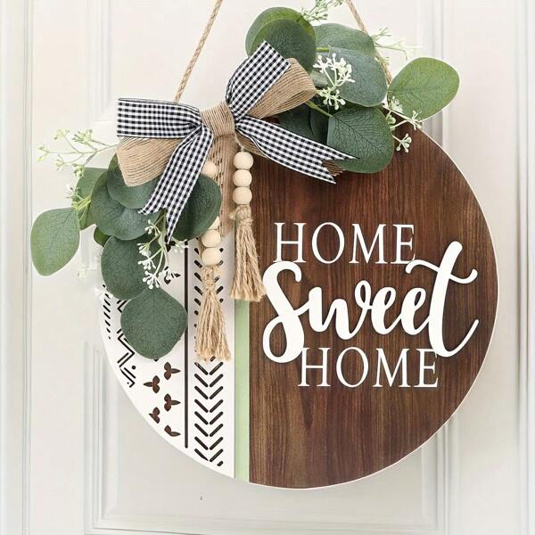 Wooden Sweet Home Bohemian Outdoor Wreath Decor, Made Of Artificial Leaves And Rustic Beads, Welcome Decoration For Front Door, Porch, All Year Round Spring/Summer
