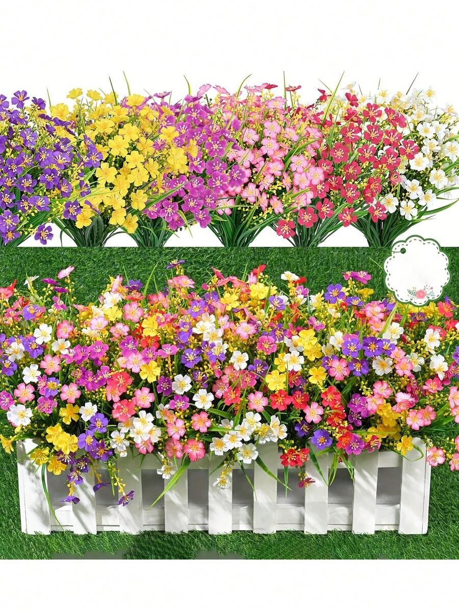 6 Stücke bunte künstliche Blumen, UV-beständige Kunststoff Kunstpflanzen, geeignet für Innen-/Außengarten, Fensterbank, Balkon, Blumentopf, dekorativ für alle Jahreszeiten - Verschiedenfarbig - Übersicht 1