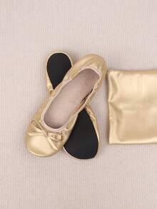 女士百搭休闲金色蝴蝶结松紧带芭蕾平底鞋，软底室内芭蕾舞鞋，优雅女士鞋