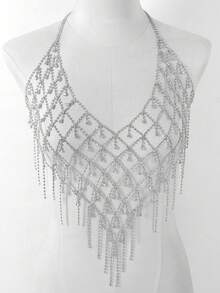 Fashionable Grid Tassel Water Droplet Luxurious Style Rhinestone Chest Chain Nightclub Women's Body Chain Jewelry,Sexy Mesh Tassel Bikini Style Rhinestones Bra And Underwear Two Pieces Set Nightclub Body Chain,A Sparkling Diamond Body Chain, Party Decoration Chest Chain, Rhinestone Mesh Tassel Chest Chain Suitable For Matching With Shirts - Body Chain - View 7
