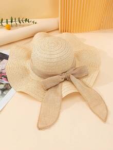 1 件男女通用幼儿亚麻面料蝴蝶结装饰简约休闲波浪风格草编太阳帽，适合夏季外出、日常生活防晒、沙滩度假装、儿童节礼物、婚礼季节服装