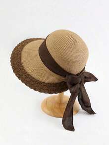 1 chiếc mũ rơm trang trí nơ ruy băng, thích hợp cho tiệc bãi biển hoặc hoạt động ngoài trời. - Nhiều màu - Xem 8