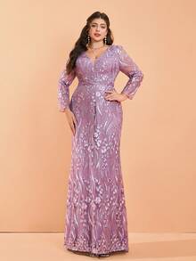 Elisanya Anpoket,New Arrival,V Neck,Off Shoulder,Dark Purple,Plus Size Evening Gown Dress,Heavy Stitching,Embroidery ,Belt,Long Sleeve,Bodycon,Mermaid Hem Dress - Purple - View 1