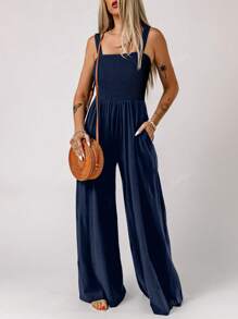 Acelitt Summer Women's Solid Color Square Neck Chest Diagonal Pleated Patchwork Pocket Casual Vacation Loose Wide Leg Sleeveless Suspender Jumpsuit
