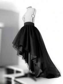 1 件女士新款网眼泡泡裙，百搭仙女中长裙，黑色前短后长 T 台风格秋季女士服装 - 黑色 - 查看 1