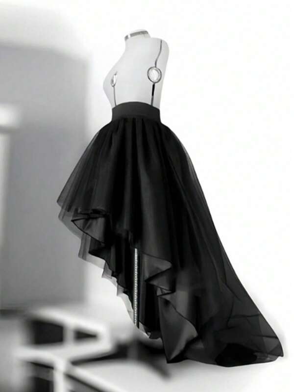 1pc Women's New Mesh Puff Skirt, Versatile Fairy Medium Length Skirt, Black Short Front Long Back Runway Style Fall Clothes For Women