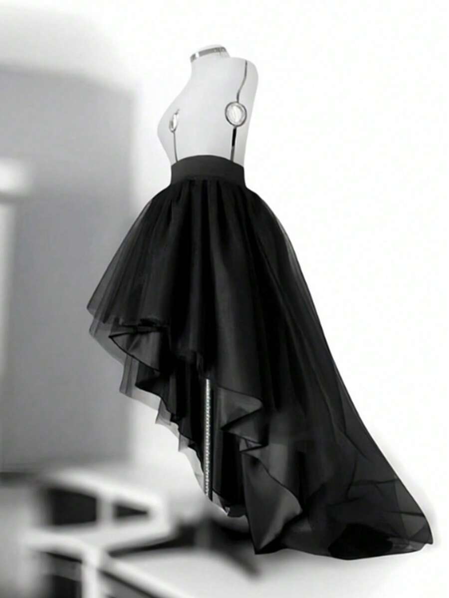 1 件女士新款网眼泡泡裙，百搭仙女中长裙，黑色前短后长 T 台风格秋季女士服装 - 黑色 - 查看 1