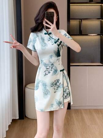New Chinese Style Floral Cheongsam Dress Women Modern Oriental Graduation Party Lightweight Vintage Cute Bow Elegant Summer Garden Tea
