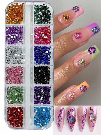 1 Box 12 Grids Colorful Popular Y2K Aesthetic Nail Art Rhinestones With Flat Bottom Resin Glittering Diy Nail Charms Nail Gems Nail Supplies Nails