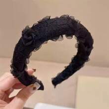 蕾丝花朵海绵宽发箍，韩式甜美仙女森系风格，黑色/粉色/米色发圈发夹旅行配饰发带，节日派对必备 - 雙線海綿髮箍 - 查看 7