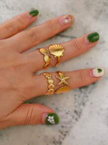 Gold Shell Ring Beach Themed Adjustable Rings; Ocean Inspired Jewelry; Starfish & Seashell Rings; Boho Summer Gift For Women