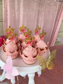 1set/5pcs,Golden Crown Ribbon Cupcake Skewers With Pink Bow Accents - Perfect For Decorating Birthday Parties, Weddings, Dessert Cupcakes, Cocktail Skewers, Suitable For Gatherings, Party Celebrations, And Corporate Events