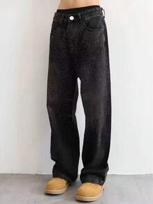 Men Straight-Leg Street Rhinestone Washed Jeans