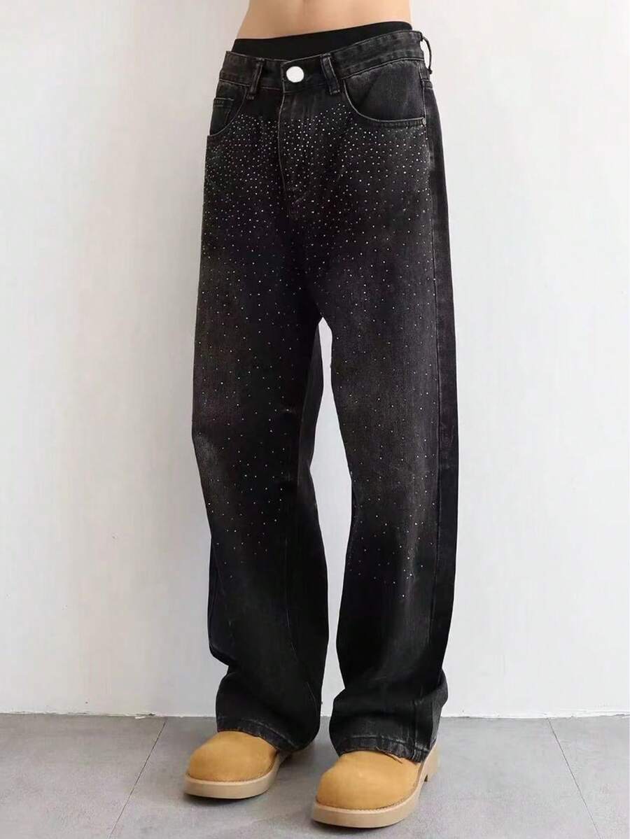 Men Straight-Leg Street Rhinestone Washed Jeans
