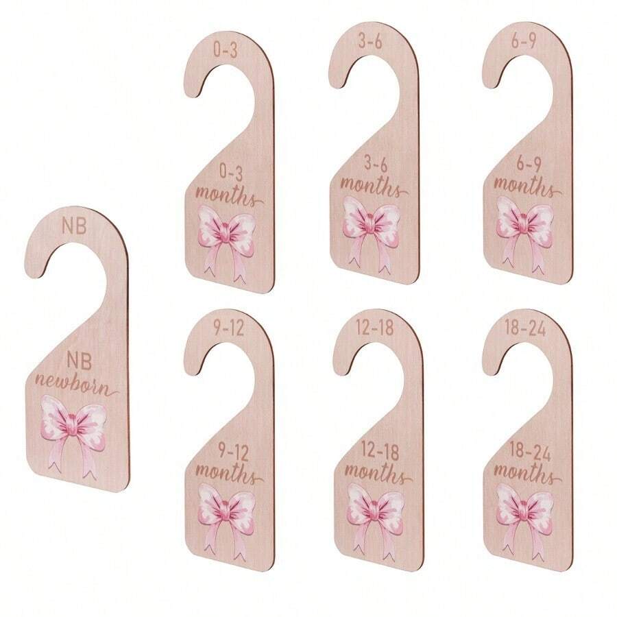 木制衣柜隔板 - 7 件粉色蝴蝶结衣柜整理器侧面衣服尺寸衣架隔板儿童房生日礼物适合男孩女孩（0-24 个月）