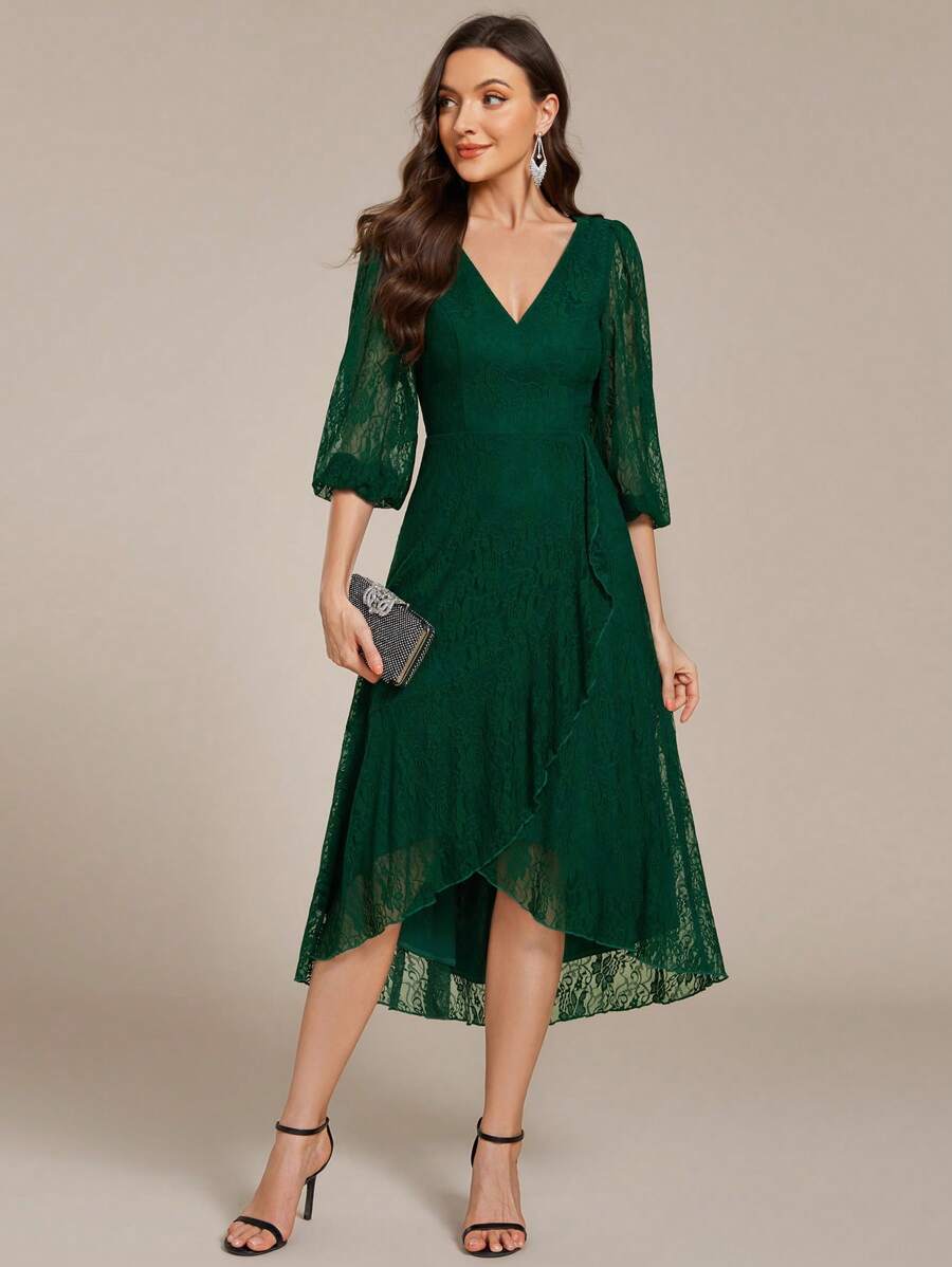 EVERPRETTY Women's Lace V Neck Sheer Midi Dark Green Wedding Guest Dresses Formal Dresses For Wedding, Bridesmaid Dress