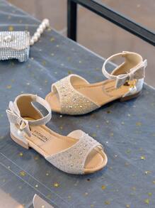 1 Pair Girls Diamond & Sequin Embellished Princess Sandals, Children Soft Bottom Dance Shoes With Ankle Strap Open Toe