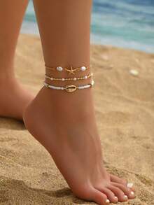 3pcs Fashionable Bohemian Beaded & Sequin Starfish & Shell Design Multi-Layer Anklets, Suitable For Women Beach Party Wear - Gold - View 1