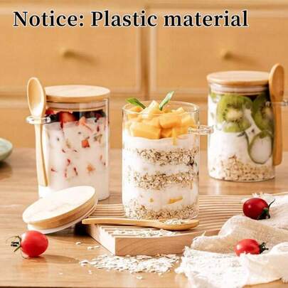 1pc Plastic Food With Lid And Spoon, Clear Plastic Storage Canister Reusable Overnight Oats Jars, With Bamboo Lid & Spoon, Airtight Moisture-Proof Container For , Food Storage Jar For Sugar, Spice, Tea, Coffee, Flour, Nuts, Cereal, Bath Salts - Kitchen Gadget, Kitchen Organization,Yogurt And Salad, Kitchen Accessories