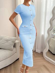 Ladies' Summer Date, Music Festival Atmosphere, Commuting Short Sleeved Dress - Màu xanh lam - Xem 9
