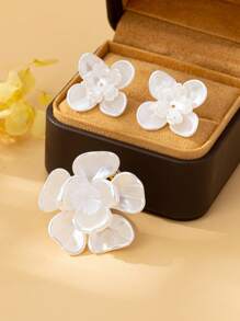 Set de regalo elegante y minimalista de 3 piezas - Anillo abierto con perla en forma de flor de rosa y aretes, accesorios de moda adecuados para mujeres, fiestas, regalos y uso diario