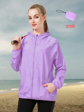 1 pieza Chaqueta fina y ligera para mujer para exteriores, de tela impermeable, diseño de 4 bolsillos, adecuada para correr, yoga en primavera/verano