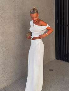 Sexy Beach Holiday Dress Semi-Sheer Sleeveless Sexy And Elegant Versatile Short-Sleeved Long Two Pieces Set Vacation Outfits Women Fashion Sexy Street Style Plain Semi-Sheer ,Club Outfits Women Sexy,Summer Outfits For Women Sexy Knit Cut Out Two Pieces Swimsuit Cover Up 2025 Summer Women Bell Sleeve Waist Tie-Up Top Long Skirt Set Club Beach Dress - White - View 11