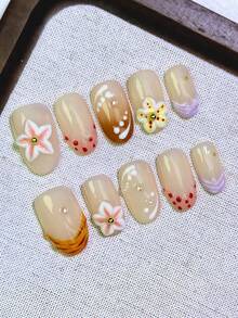 10 件超可爱多巴胺主题手工按压指甲，3D 花卉雕刻可重复使用可爱假指甲，带有花卉、波尔卡圆点、波浪元素，适合校园、节日、日常穿着，是送给女士和女孩的绝佳礼物（随机包装卡）
