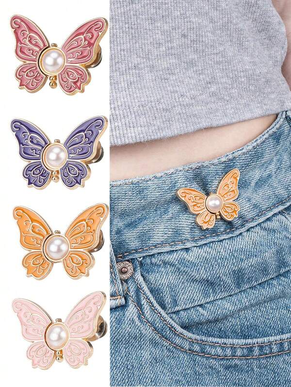 4 piezas de Clips ajustables para la cintura de jeans, clips de mariposa metálicos para ajustar jeans para mujeres, sin herramientas necesarias, clips reutilizables para apretar pantalones sueltos y anchos, accesorio de moda desmontable para regalo