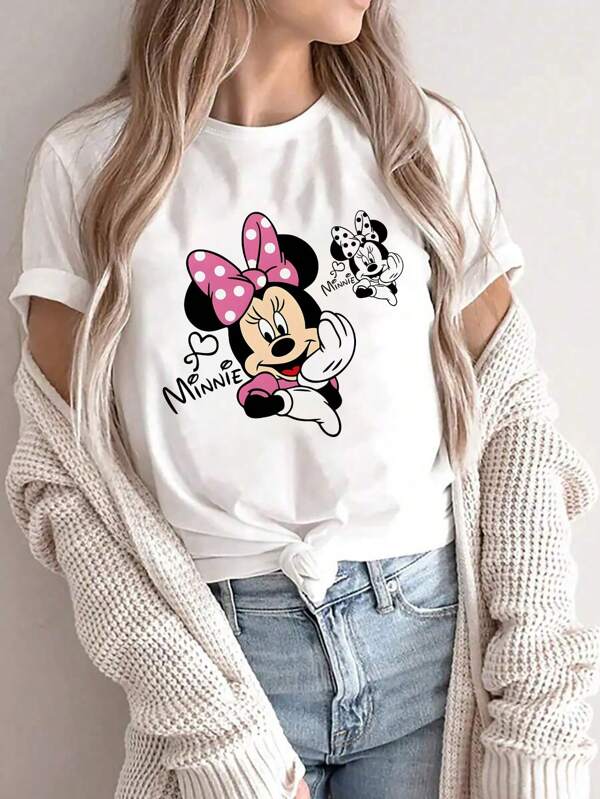 Disney 1 pieza Camiseta holgada casual con estampado de dibujos animados de Disney de Stitch, Mickey Mouse, Minnie Mouse, de cuello redondo y manga corta, para mujer